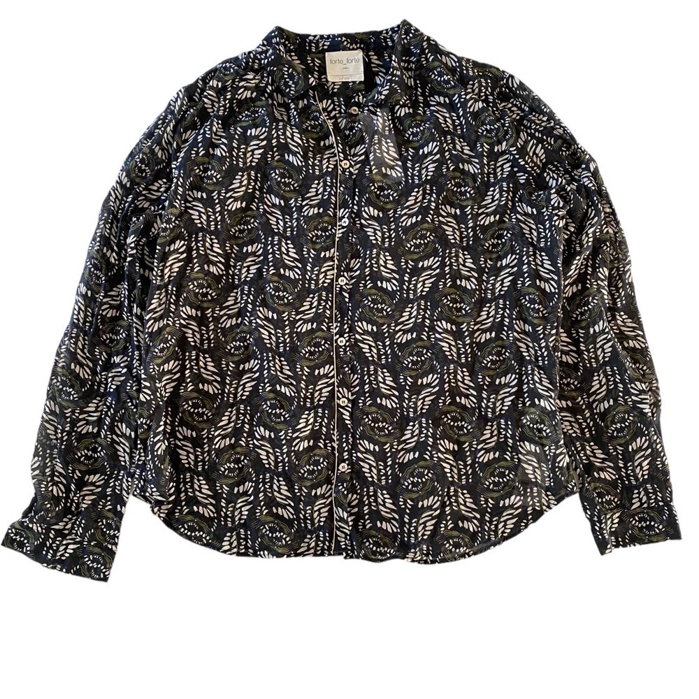FORTE FORTE Camicia Cotton Printed Voile Button Front Blouse Shirt Black NWT